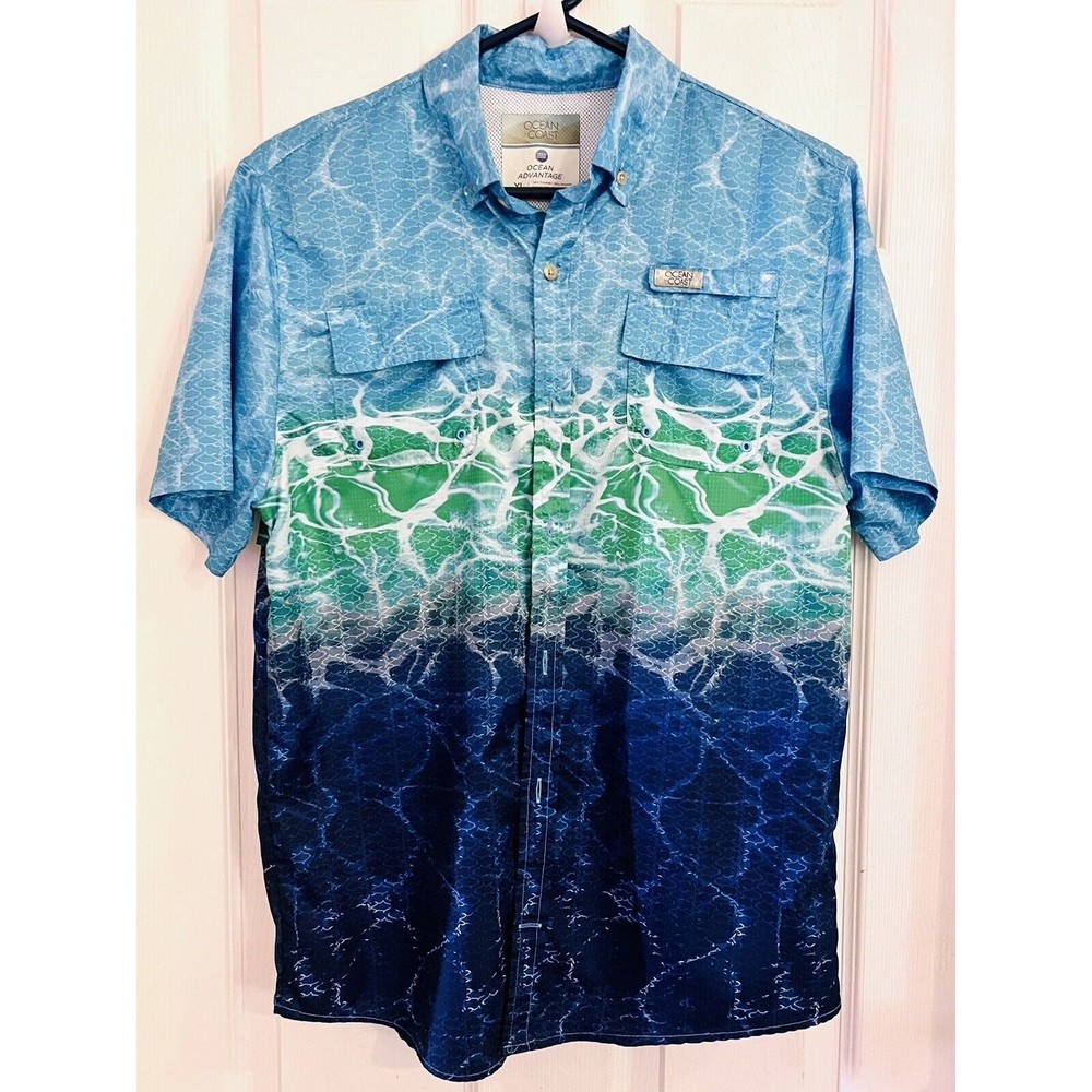 Ocean Coast Ocean Advantage Boys XL Short Sleeve Button Up Shirt. Fishing EUC